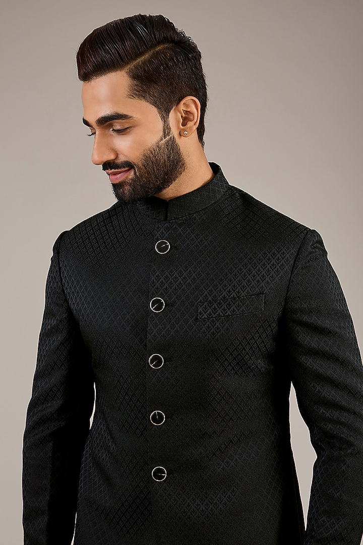 Black Jacquard Wedding Sherwani Set by Qbik Men at Pernia's Pop Up Shop