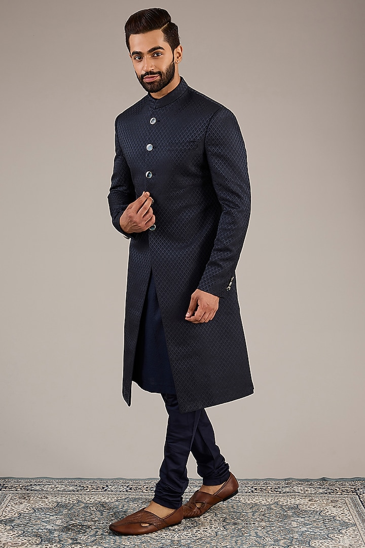 Navy Blue Jacquard Sherwani Set by Qbik Men