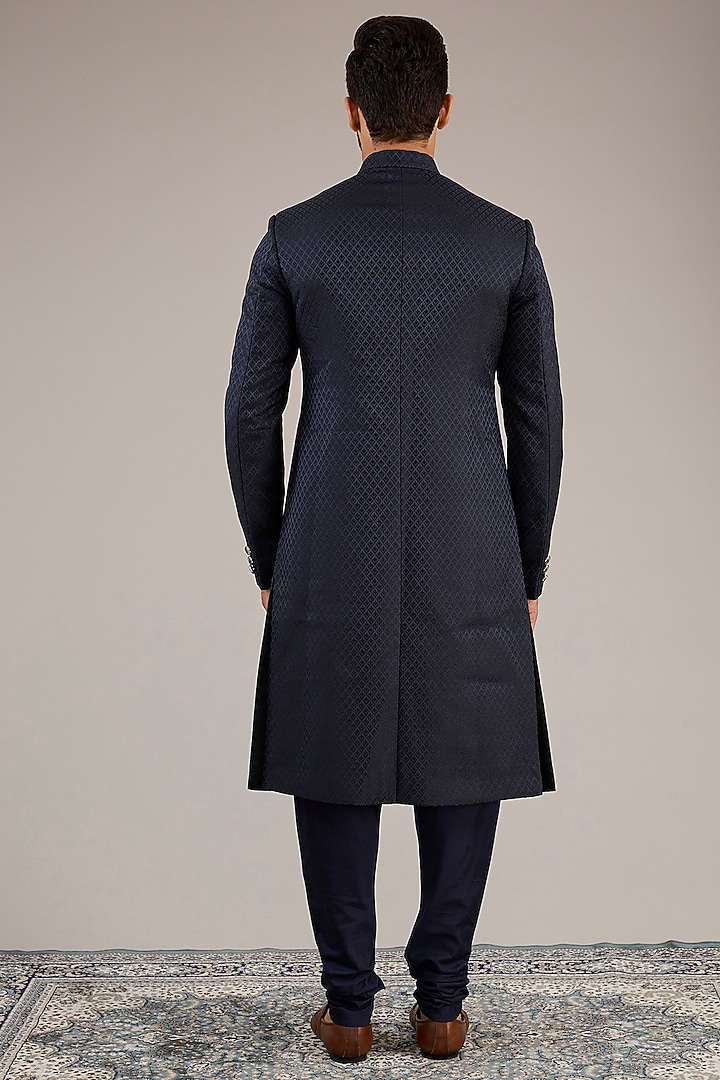 Navy Blue Jacquard Wedding Sherwani Set by Qbik Men at Pernia's Pop Up Shop