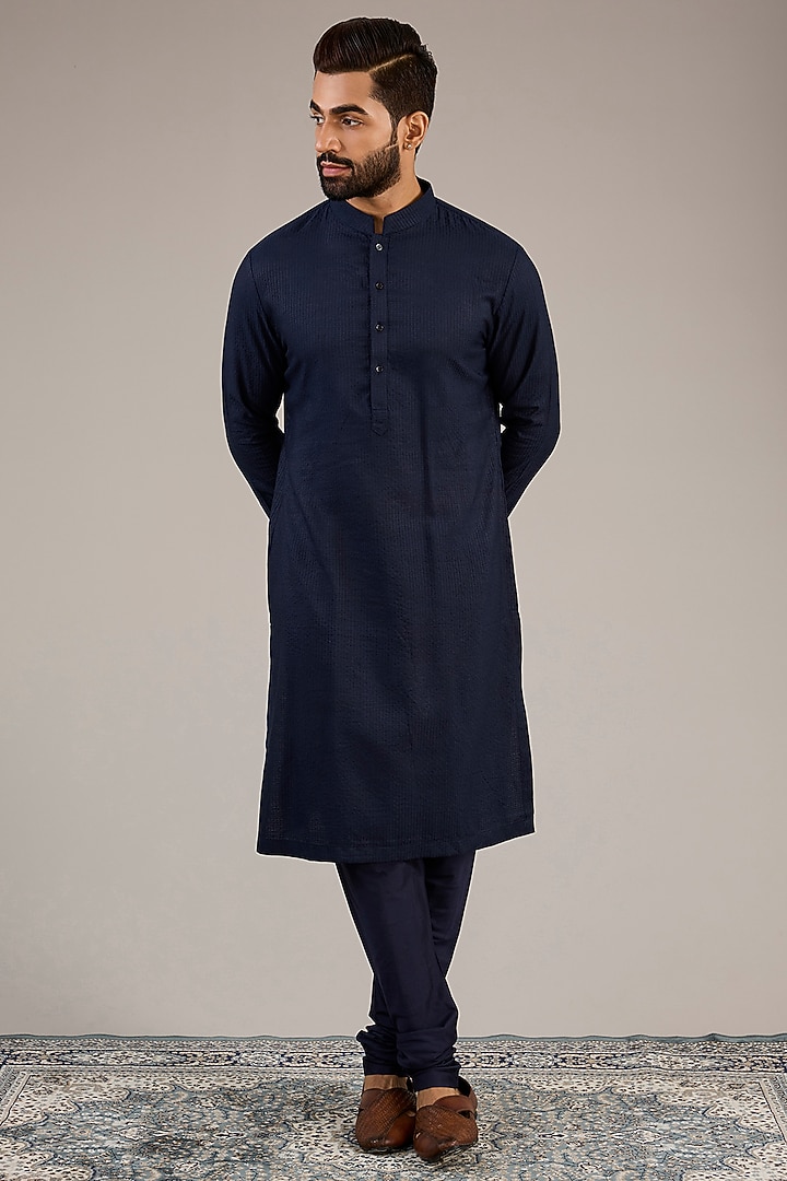 Navy Blue Jacquard Wedding Sherwani Set by Qbik Men at Pernia's Pop Up Shop