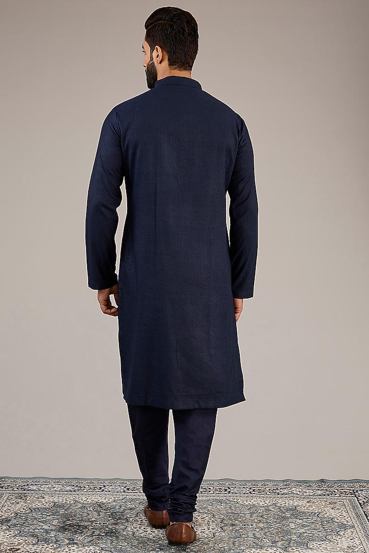 Navy Blue Jacquard Wedding Sherwani Set by Qbik Men at Pernia's Pop Up Shop