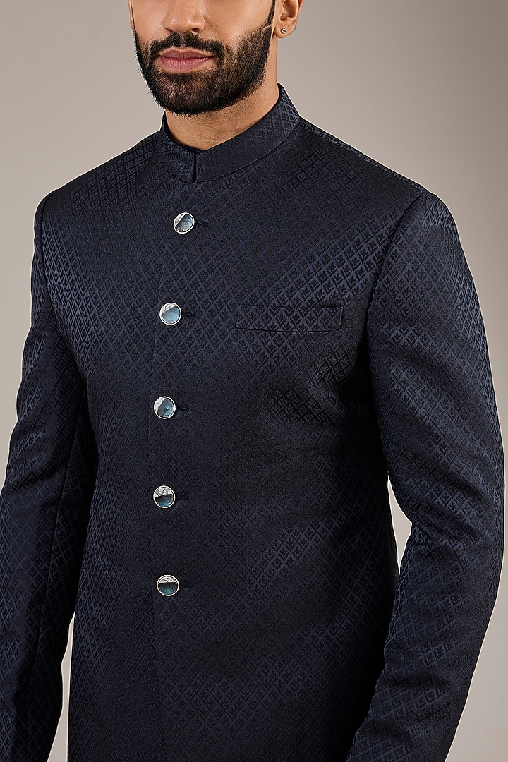 Navy Blue Jacquard Wedding Sherwani Set by Qbik Men at Pernia's Pop Up Shop