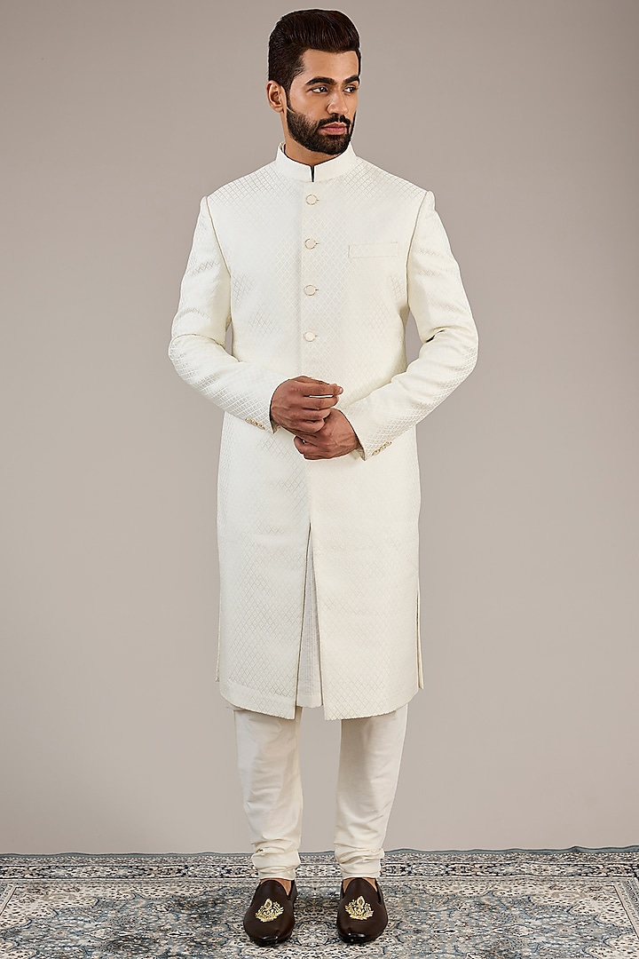 Ivory Jacquard Sherwani Set by Qbik Men