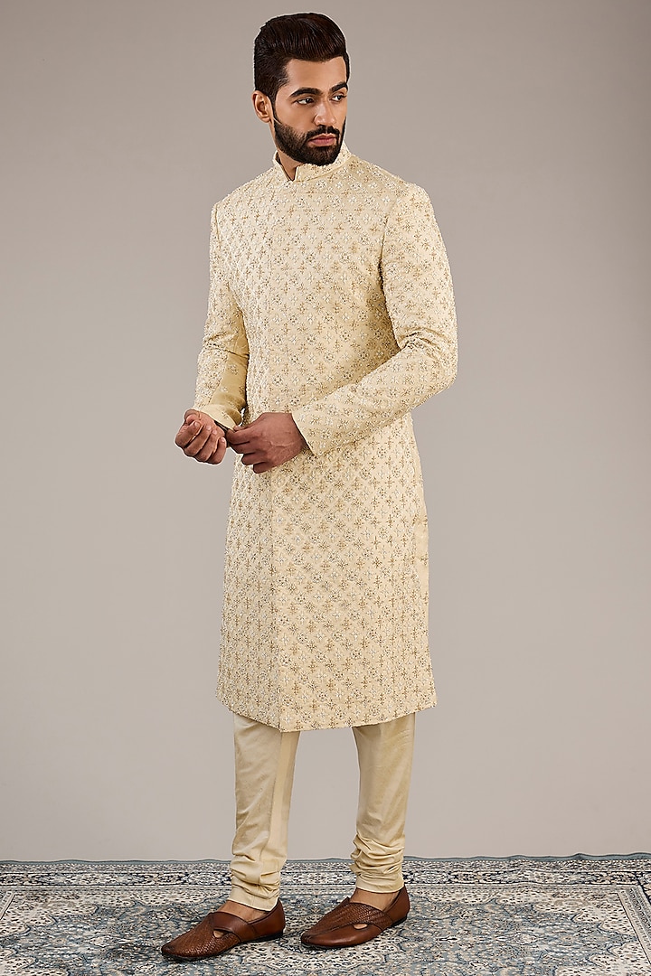 Gold Jacquard Hand Embroidered Sherwani Set by Qbik Men