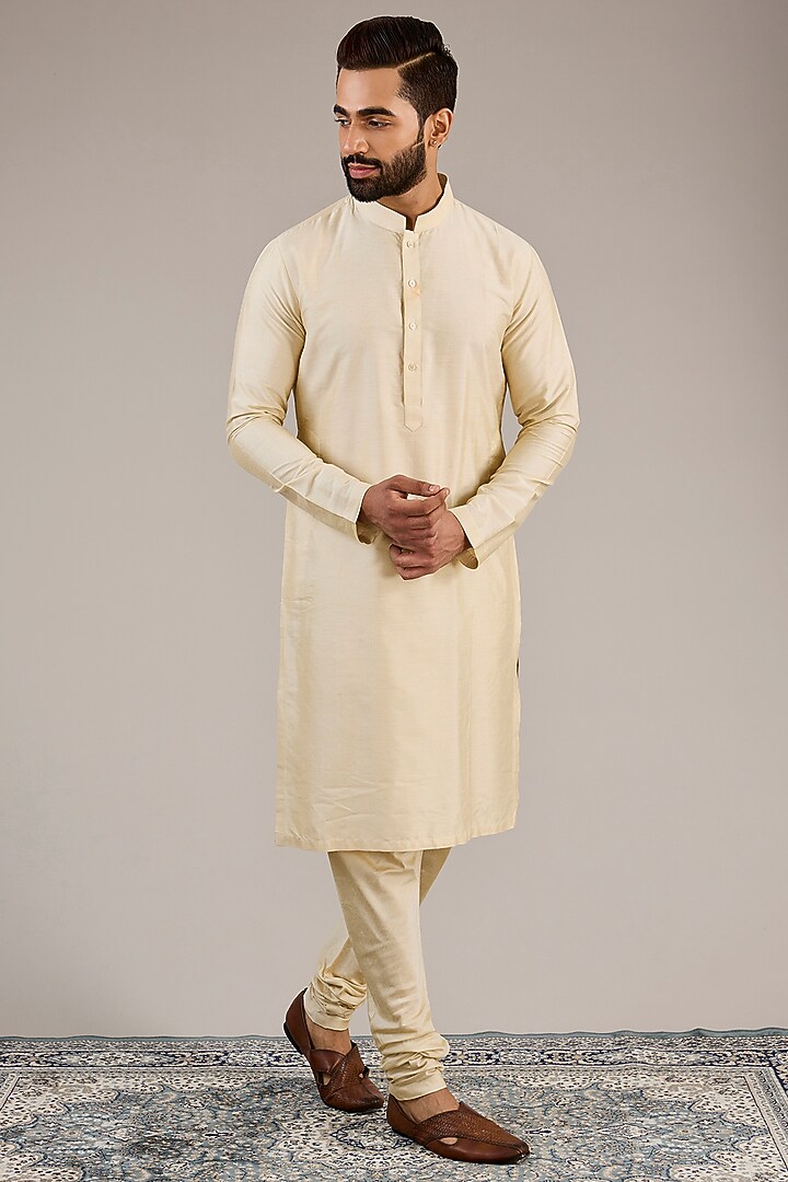 Gold Jacquard Hand Embroidered Groom Sherwani Set by Qbik Men at Pernia's Pop Up Shop