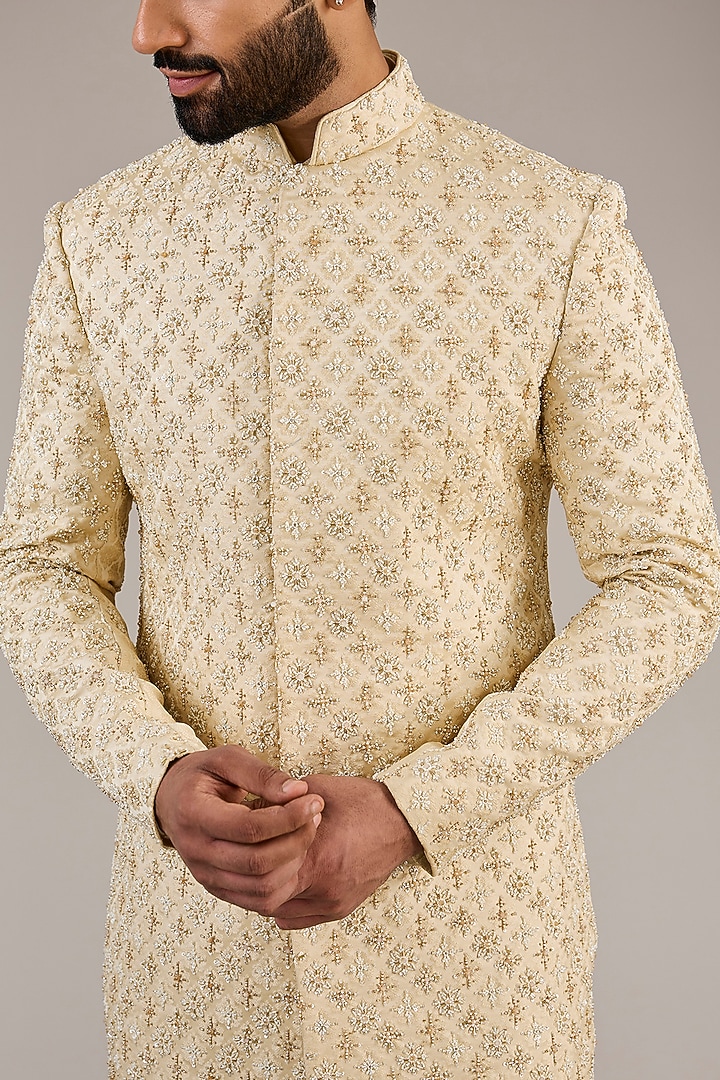 Gold Jacquard Hand Embroidered Groom Sherwani Set by Qbik Men at Pernia's Pop Up Shop