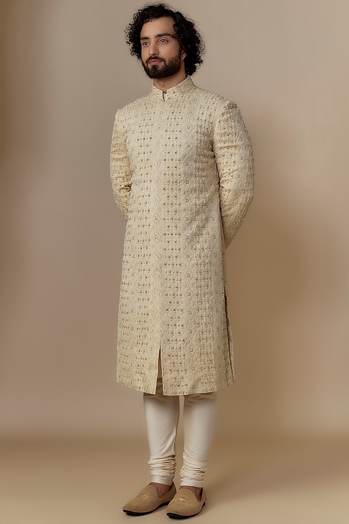 Peach Cotton Silk Thread Hand Embroidered Sherwani Set by Qbik Men