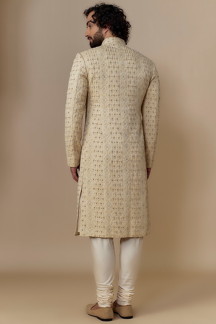 Peach Cotton Silk Thread Hand Embroidered Groom Sherwani Set by Qbik Men at Pernia's Pop Up Shop