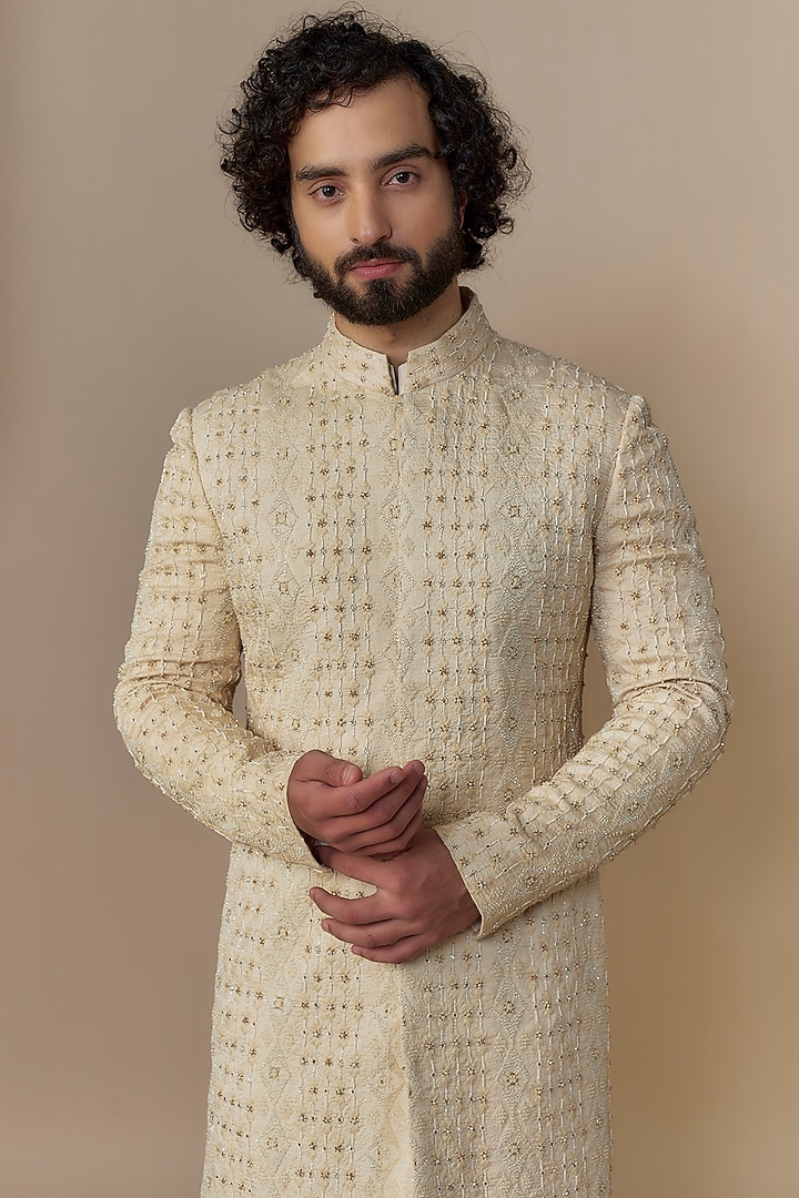 Peach Cotton Silk Thread Hand Embroidered Groom Sherwani Set by Qbik Men at Pernia's Pop Up Shop