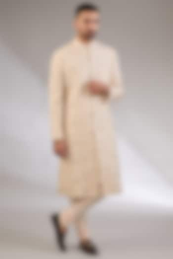 Peach Silk Thread Embroidered Sherwani Set by Qbik Men