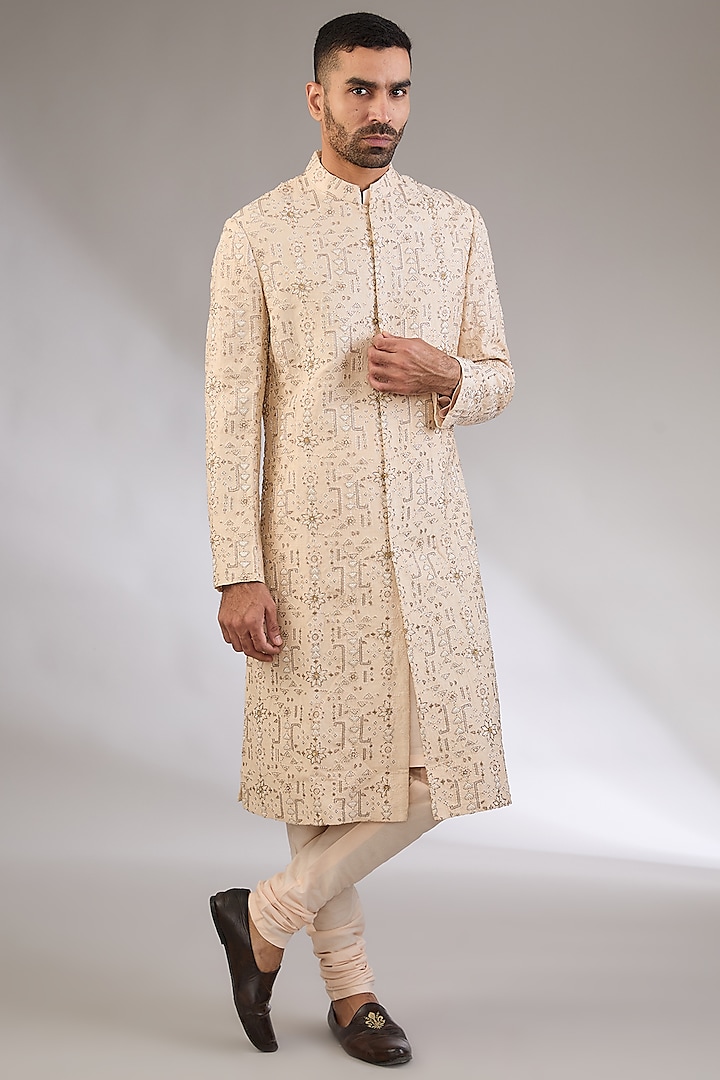 Peach Silk Thread Embroidered Sherwani Set by Qbik Men