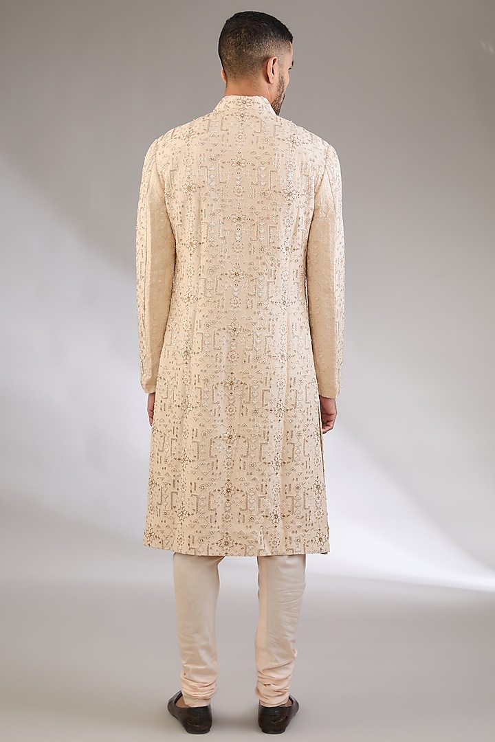 Peach Silk Thread Embroidered Groom Sherwani Set by Qbik Men at Pernia's Pop Up Shop