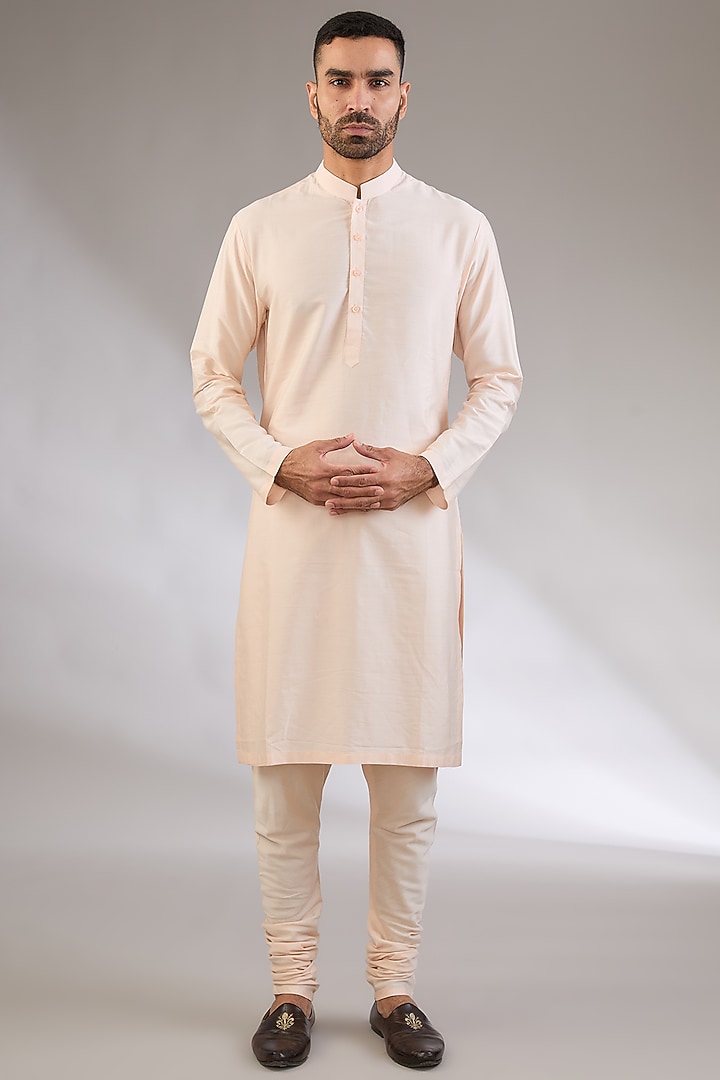 Peach Silk Thread Embroidered Groom Sherwani Set by Qbik Men at Pernia's Pop Up Shop