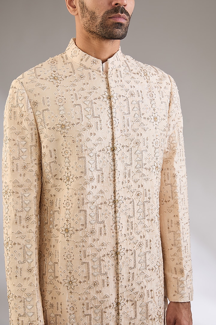 Peach Silk Thread Embroidered Groom Sherwani Set by Qbik Men at Pernia's Pop Up Shop