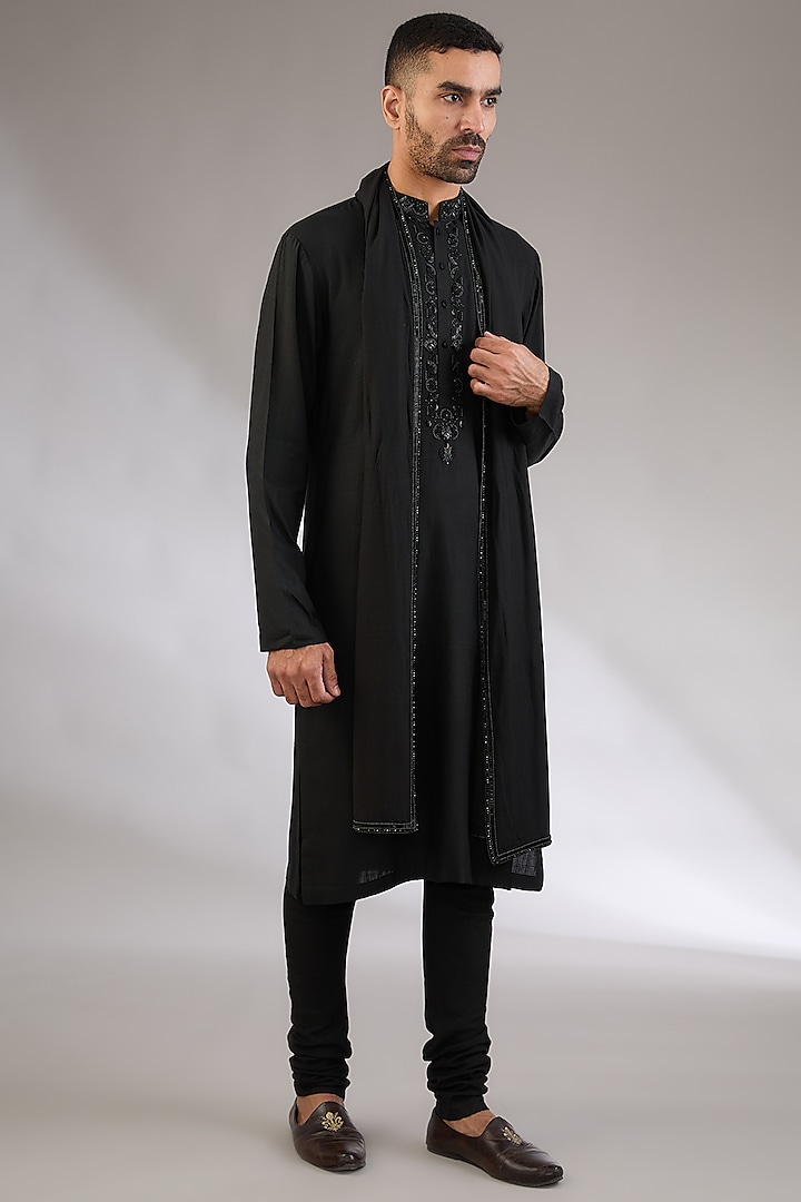 Black Cotton Matka Embroidered Kurta Set by Qbik Men