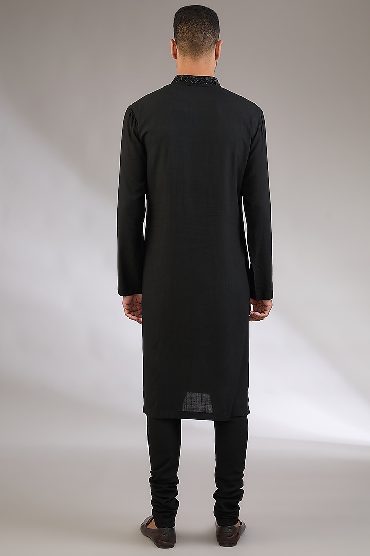 Black Cotton Matka Embroidered Kurta Set by Qbik Men at Pernia's Pop Up Shop