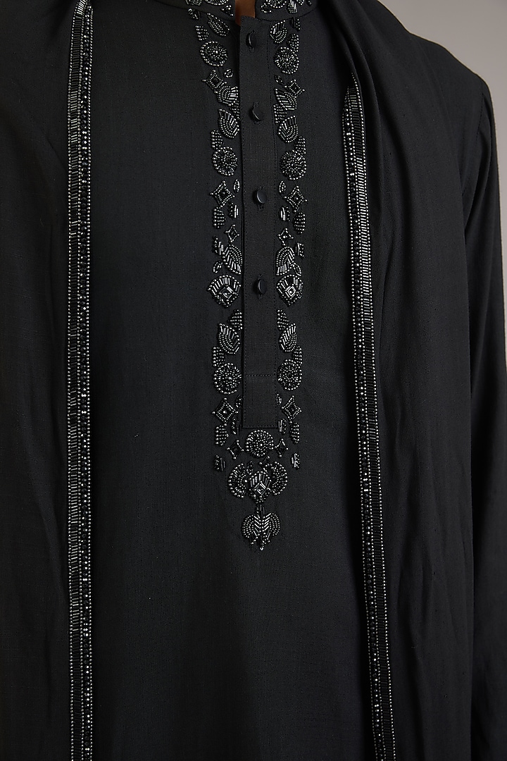 Black Cotton Matka Embroidered Kurta Set by Qbik Men at Pernia's Pop Up Shop