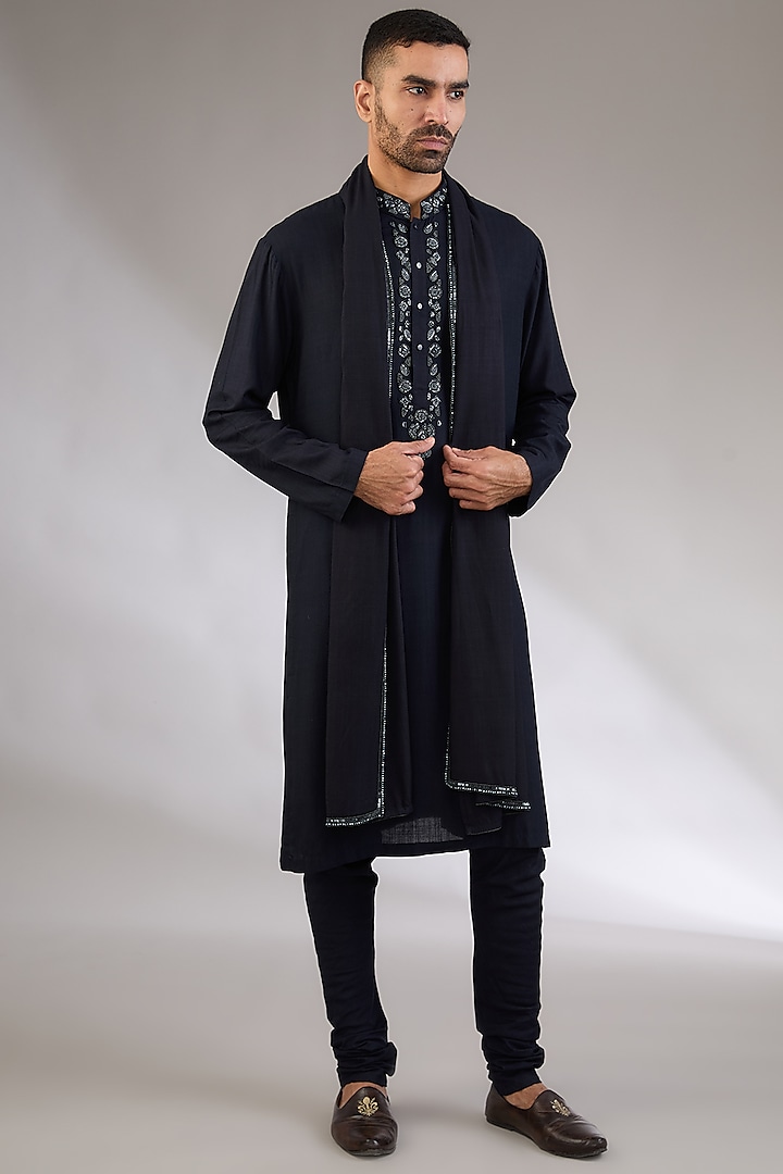 Navy Blue Cotton Matka Embroidered Kurta Set by Qbik Men