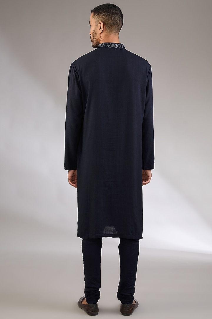 Navy Blue Cotton Matka Embroidered Kurta Set by Qbik Men at Pernia's Pop Up Shop