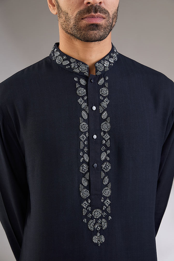 Navy Blue Cotton Matka Embroidered Kurta Set by Qbik Men at Pernia's Pop Up Shop