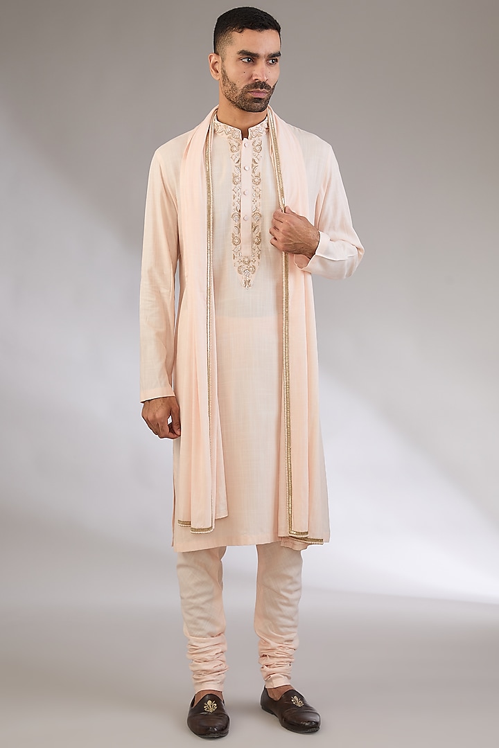 Pink Cotton Matka Embroidered Kurta Set by Qbik Men