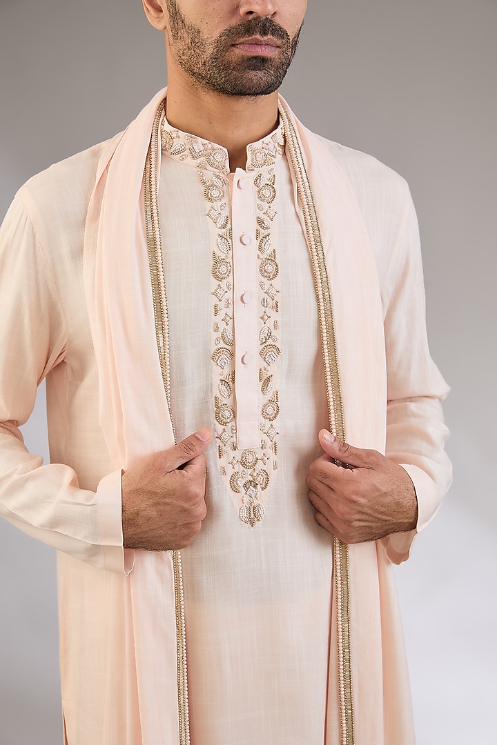 Pink Cotton Matka Embroidered Kurta Set by Qbik Men at Pernia's Pop Up Shop