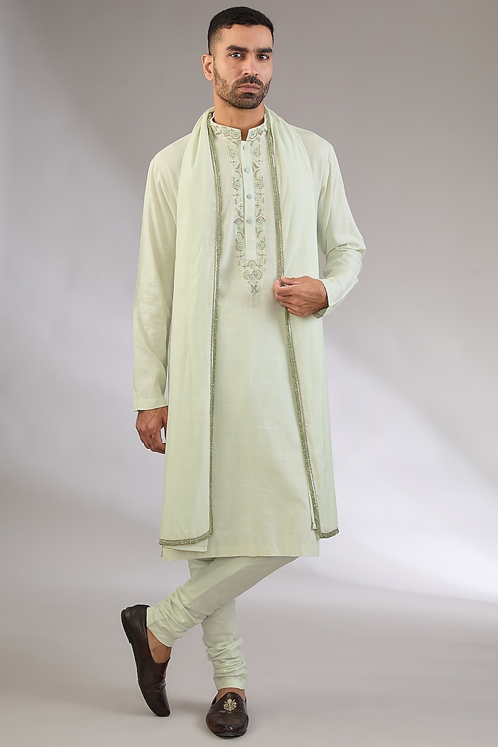 Mint Cotton Matka Embroidered Kurta Set by Qbik Men