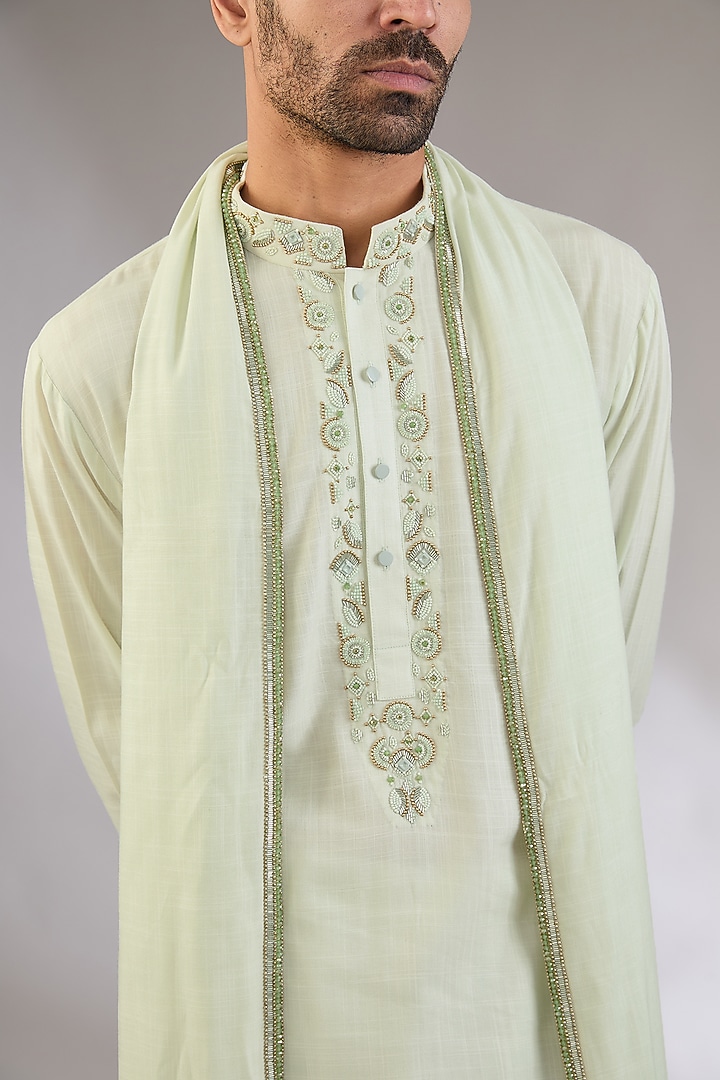 Mint Cotton Matka Embroidered Kurta Set by Qbik Men at Pernia's Pop Up Shop