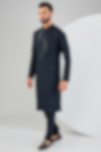 Navy Blue Cotton Matka Embellished Kurta Set by Qbik Men at Pernia's Pop Up Shop