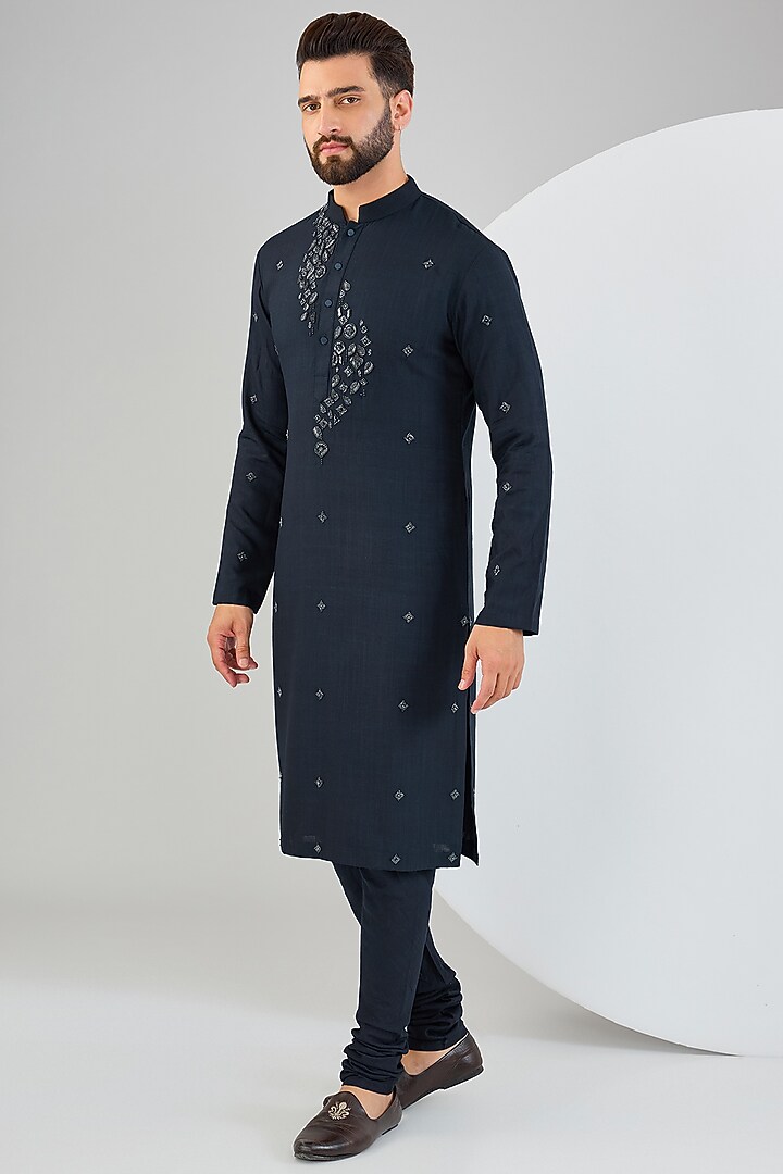Navy Blue Cotton Matka Embellished Kurta Set by Qbik Men at Pernia's Pop Up Shop
