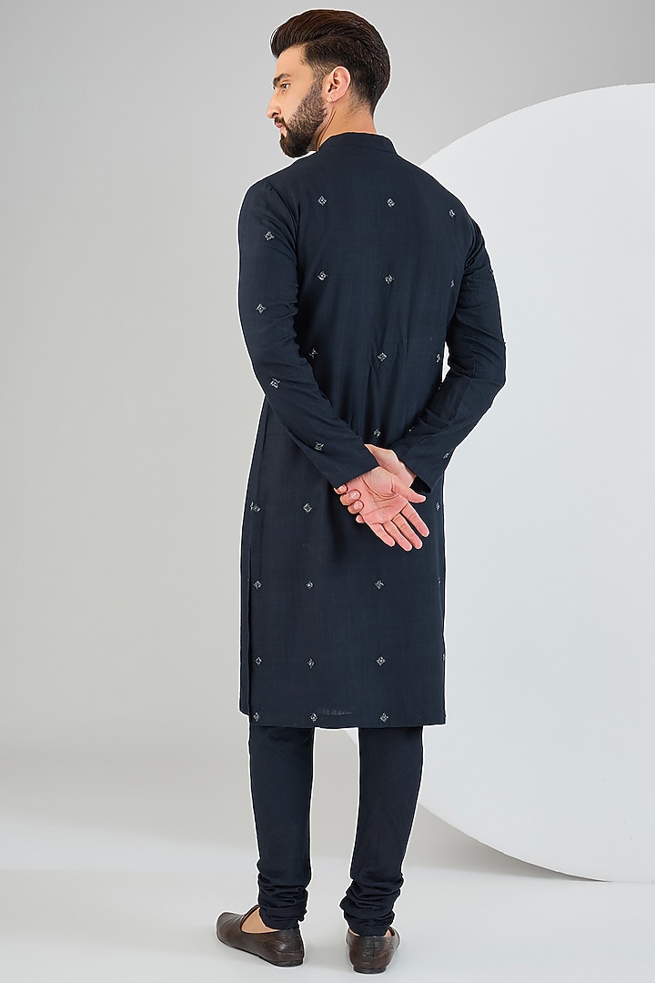 Navy Blue Cotton Matka Embellished Kurta Set by Qbik Men at Pernia's Pop Up Shop