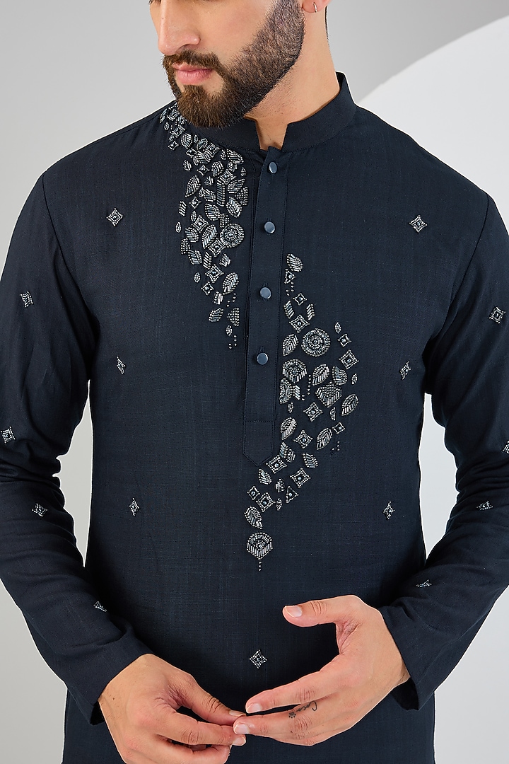 Navy Blue Cotton Matka Embellished Kurta Set by Qbik Men at Pernia's Pop Up Shop