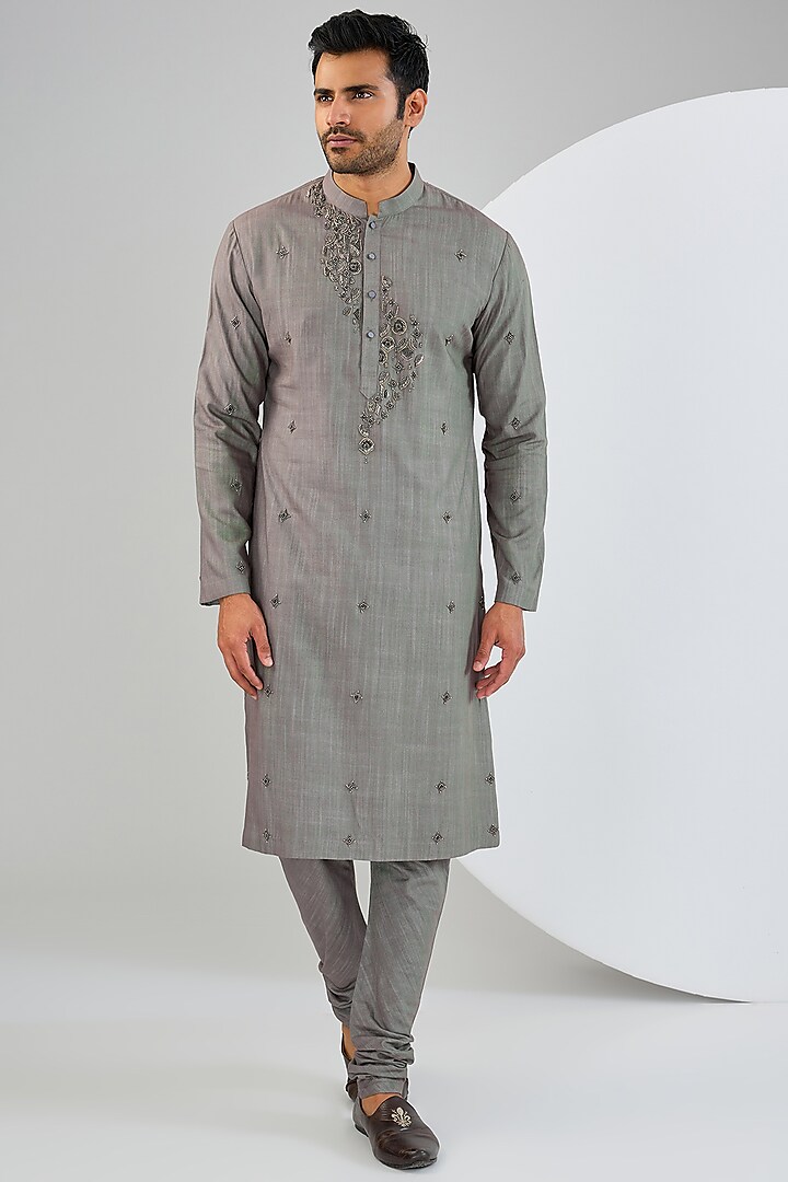 Grey Cotton Matka Embellished Kurta Set by Qbik Men at Pernia's Pop Up Shop