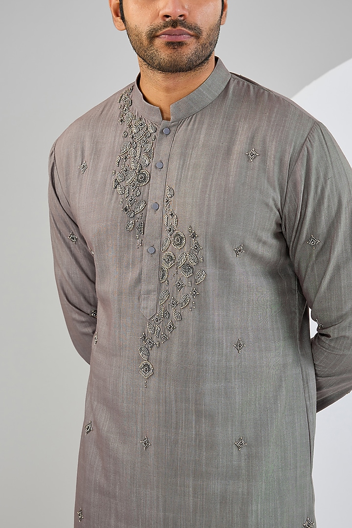 Grey Cotton Matka Embellished Kurta Set by Qbik Men at Pernia's Pop Up Shop