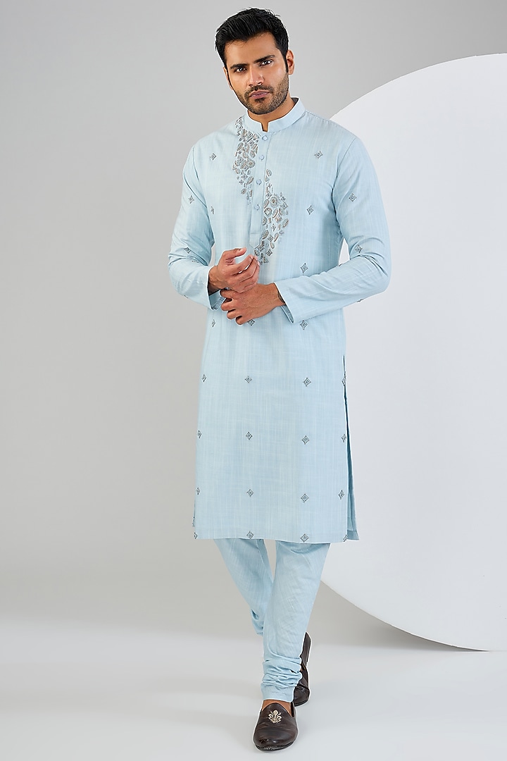 Powder Blue Cotton Matka Embellished Kurta Set by Qbik Men at Pernia's Pop Up Shop