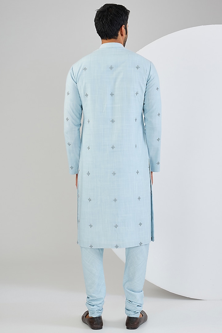 Powder Blue Cotton Matka Embellished Kurta Set by Qbik Men at Pernia's Pop Up Shop