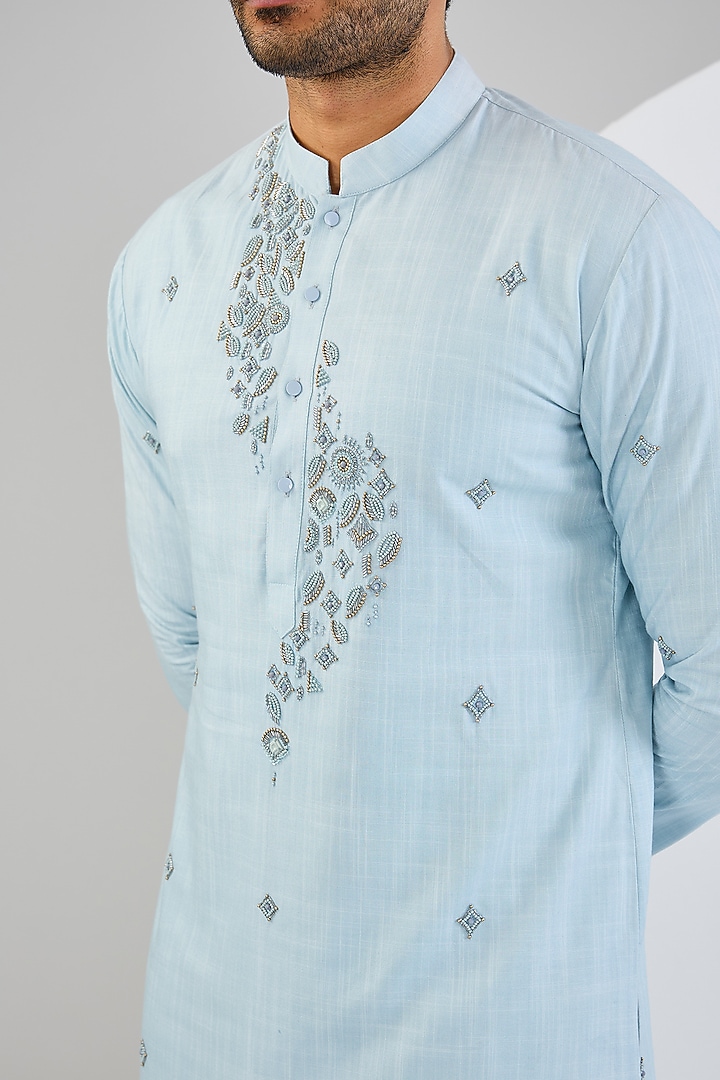 Powder Blue Cotton Matka Embellished Kurta Set by Qbik Men at Pernia's Pop Up Shop