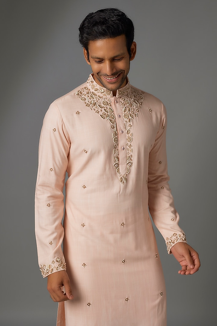 Pink Cotton Matka Embellished Kurta Set by Qbik Men at Pernia's Pop Up Shop