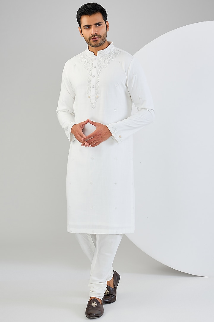 Ivory Cotton Matka Embellished Kurta Set by Qbik Men