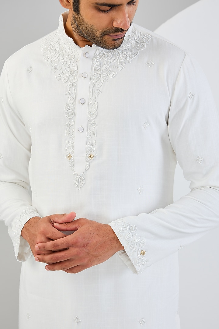 Ivory Cotton Matka Embellished Kurta Set by Qbik Men at Pernia's Pop Up Shop