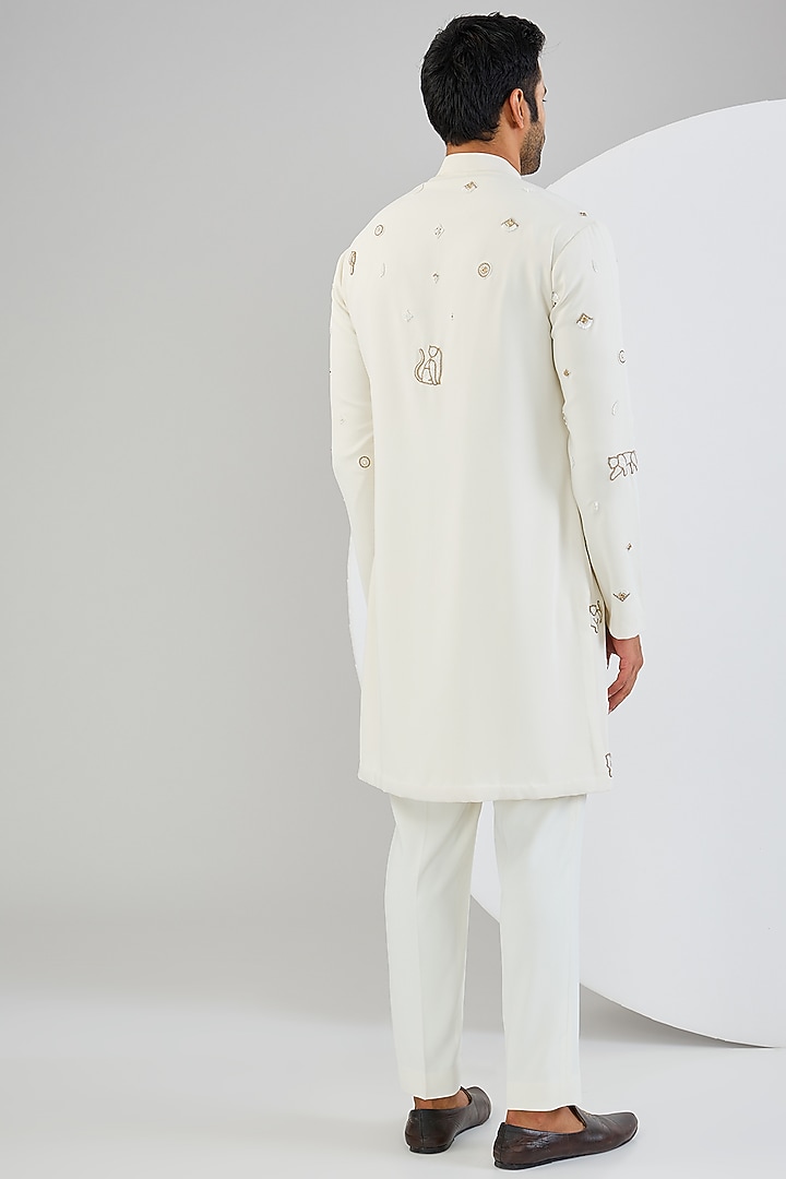 Ivory Viscose Suiting Knit Motifs Embroidered Kurta Set by Qbik Men at Pernia's Pop Up Shop