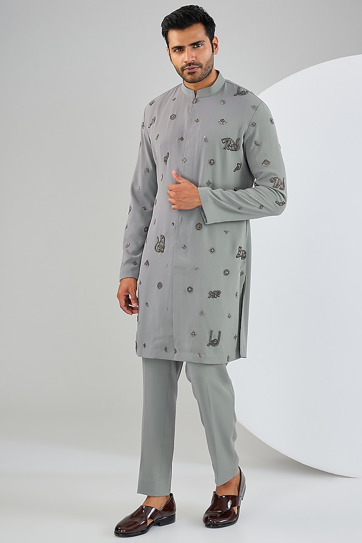 Grey Viscose Suiting Knit Motifs Embroidered Kurta Set by Qbik Men at Pernia's Pop Up Shop