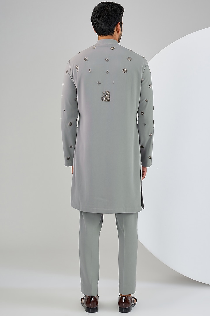 Grey Viscose Suiting Knit Motifs Embroidered Kurta Set by Qbik Men at Pernia's Pop Up Shop