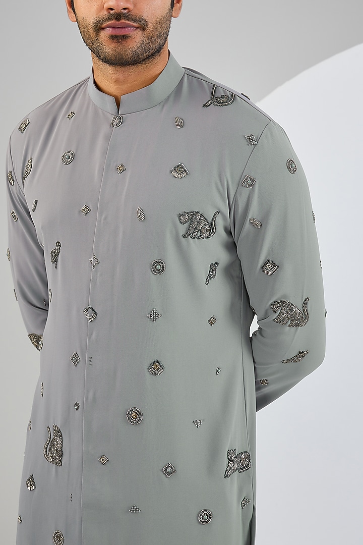 Grey Viscose Suiting Knit Motifs Embroidered Kurta Set by Qbik Men at Pernia's Pop Up Shop
