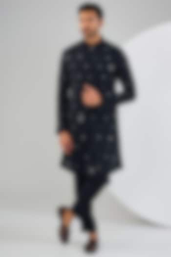 Navy Blue Viscose Suiting Knit Motifs Embroidered Kurta Set by Qbik Men at Pernia's Pop Up Shop