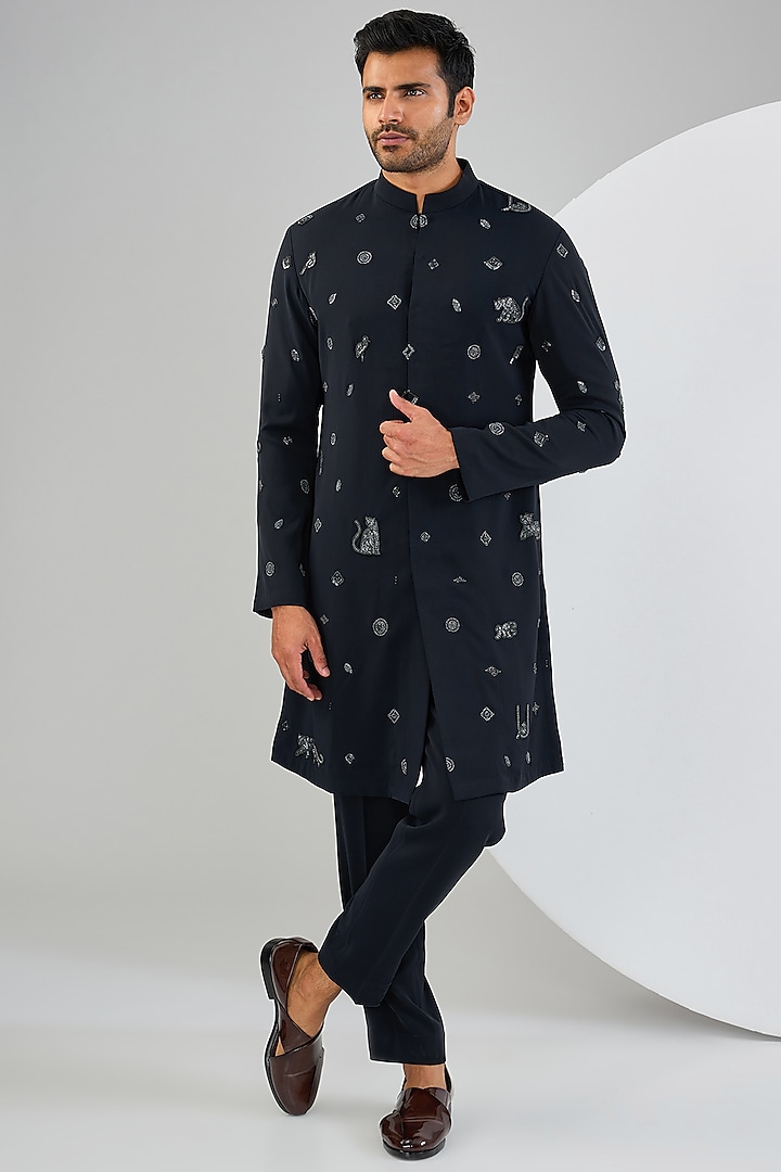 Navy Blue Viscose Suiting Knit Motifs Embroidered Kurta Set by Qbik Men at Pernia's Pop Up Shop