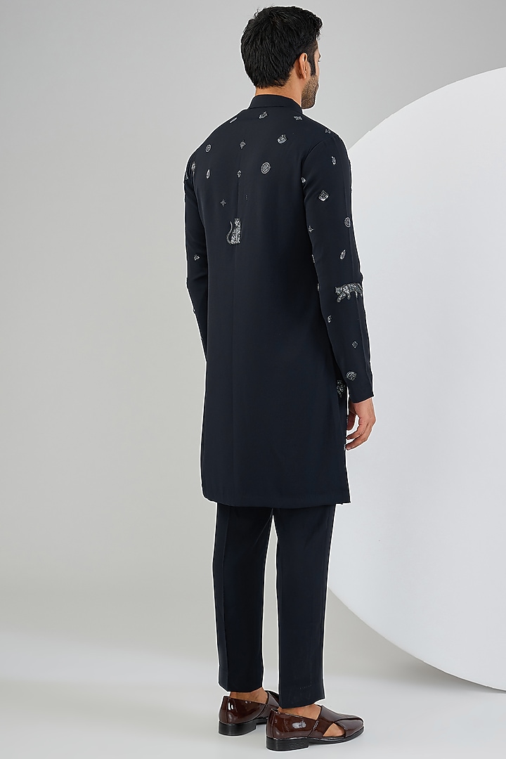 Navy Blue Viscose Suiting Knit Motifs Embroidered Kurta Set by Qbik Men at Pernia's Pop Up Shop