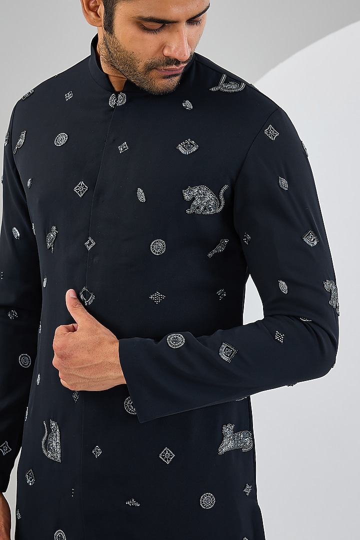Navy Blue Viscose Suiting Knit Motifs Embroidered Kurta Set by Qbik Men at Pernia's Pop Up Shop
