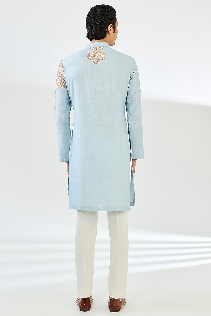 Powder Blue Cotton Matka Kashmiri Embroidered Kurta Set by Qbik Men at Pernia's Pop Up Shop