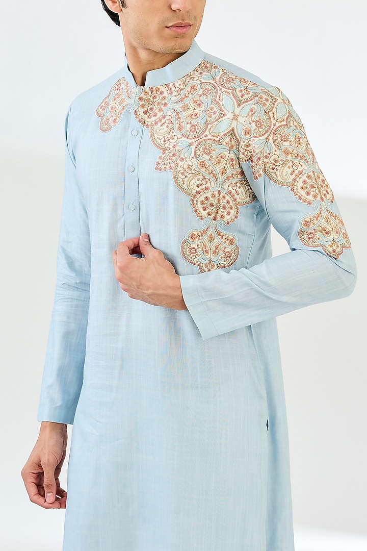 Powder Blue Cotton Matka Kashmiri Embroidered Kurta Set by Qbik Men at Pernia's Pop Up Shop